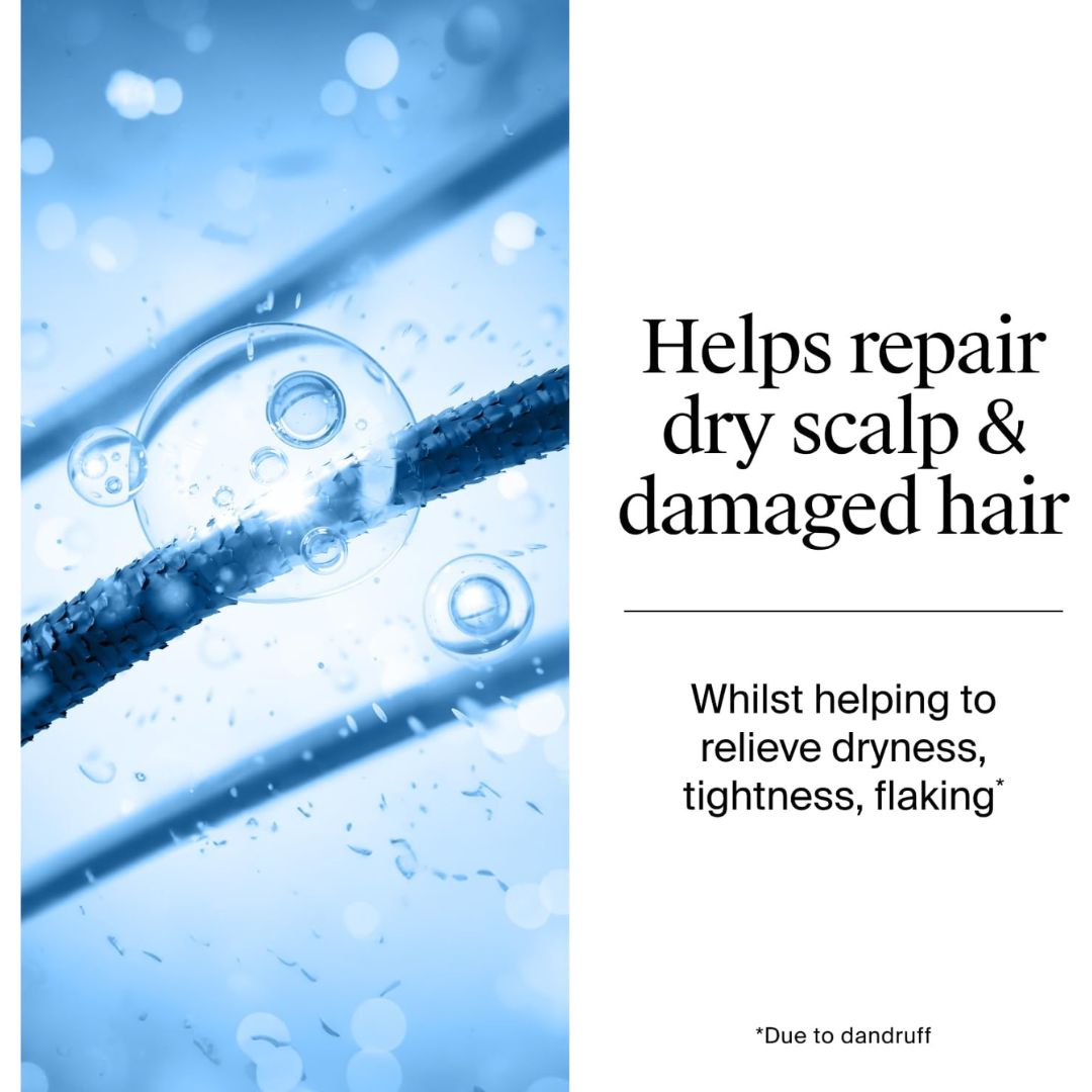 A promotional graphic with a blue-toned close-up of hair strands and water droplets on the left, and black text on a white background on the right reading: 'Helps repair dry scalp & damaged hair' and 'Whilst helping to relieve dryness, tightness, flaking' with '*Due to dandruff' at the bottom.