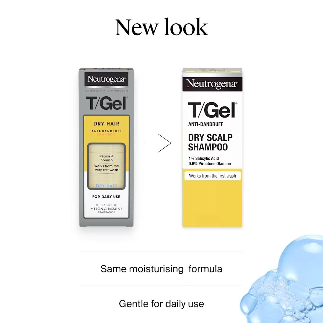 Neutrogena T/Gel shampoo packaging with a new look comparison on a white background.