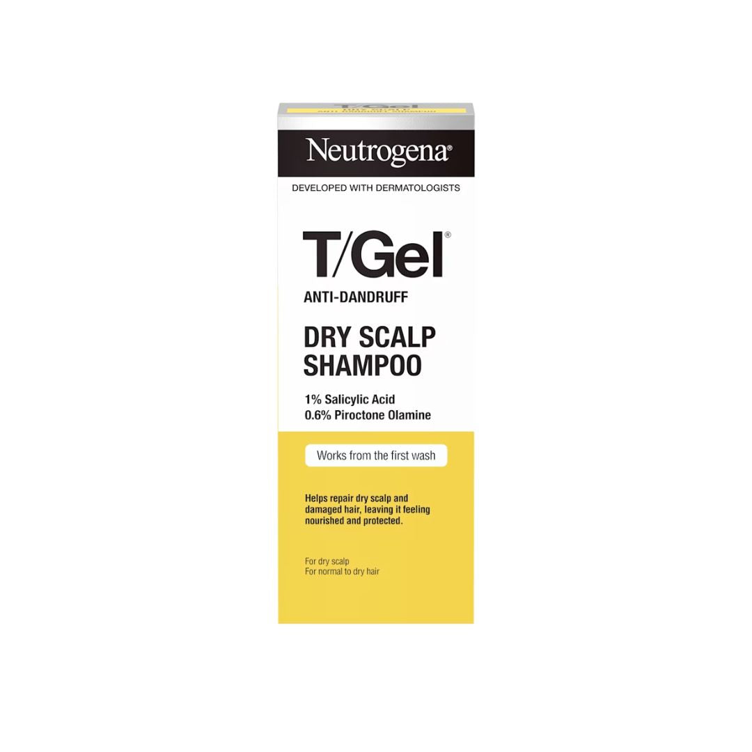 A box of Neutrogena T/Gel Anti-Dandruff Dry Scalp Shampoo, featuring a white and yellow design with black text.