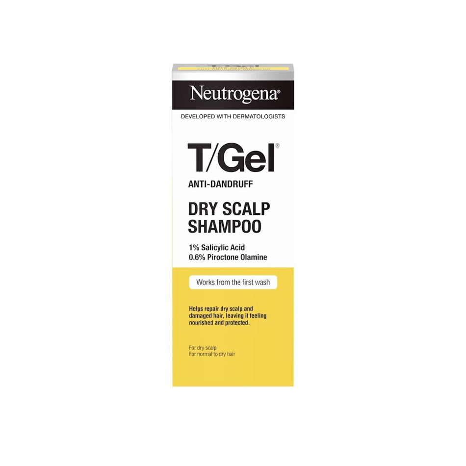 A box of Neutrogena T/Gel Anti-Dandruff Dry Scalp Shampoo, featuring a white and yellow design with black text.