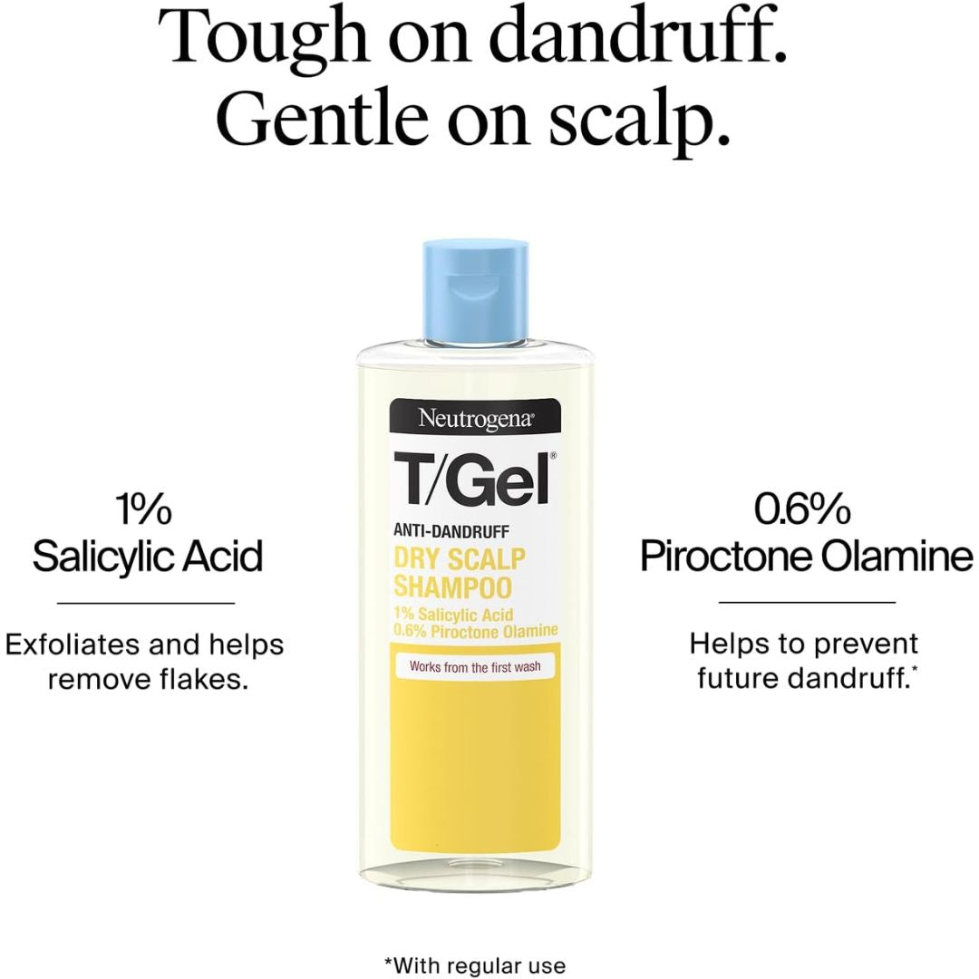 A bottle of Neutrogena T/Gel Dry Scalp Shampoo centered on a white background with marketing text above and below. The bottle has a light blue cap, a white label with black and yellow text, and a yellow lower section.