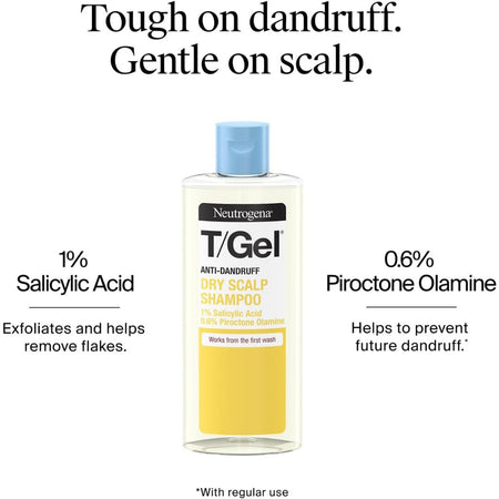 A bottle of Neutrogena T/Gel Dry Scalp Shampoo centered on a white background with marketing text above and below. The bottle has a light blue cap, a white label with black and yellow text, and a yellow lower section.