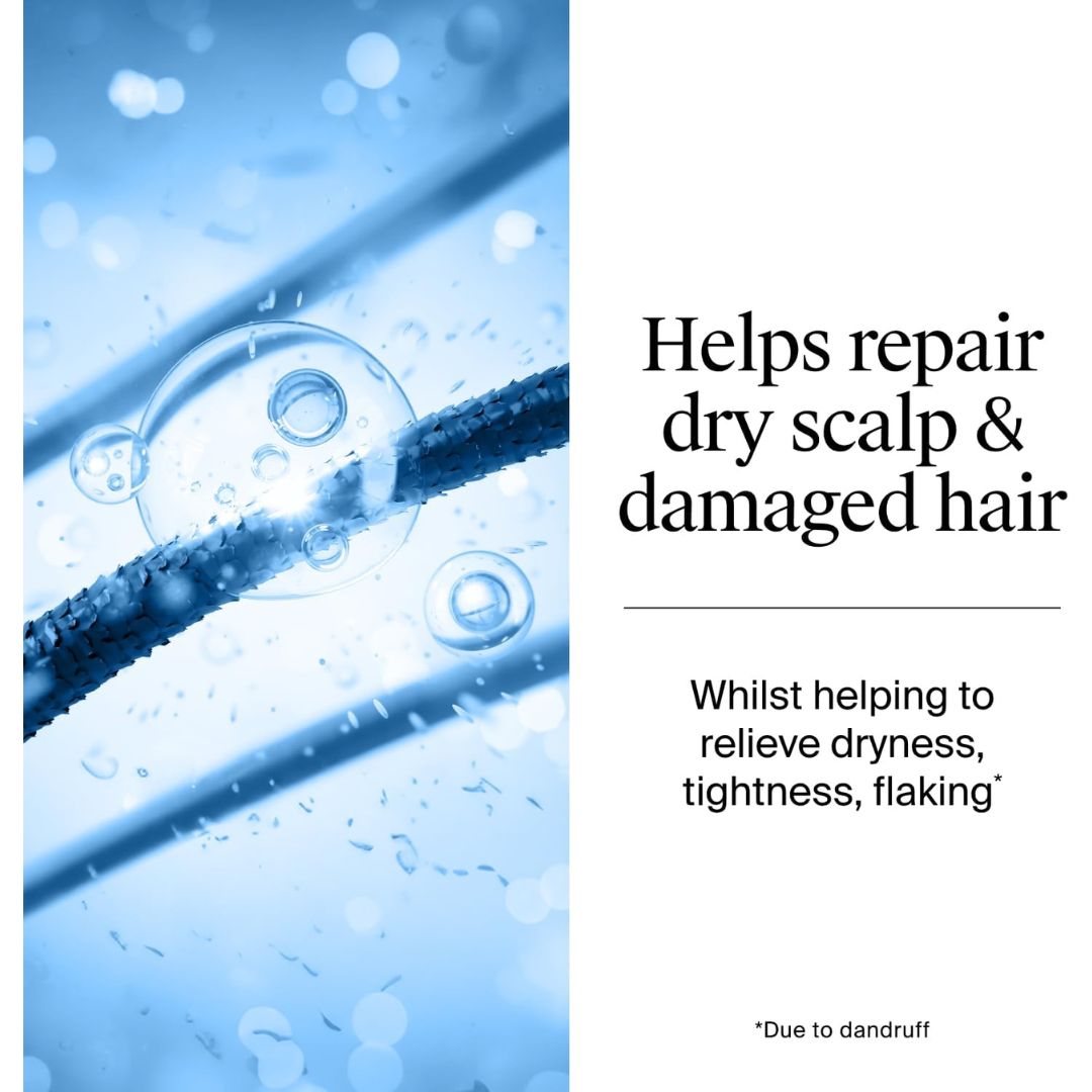A promotional graphic with a blue-toned close-up of hair strands and water droplets on the left, and black text on a white background on the right reading: 'Helps repair dry scalp & damaged hair' and 'Whilst helping to relieve dryness, tightness, flaking' with '*Due to dandruff' at the bottom.