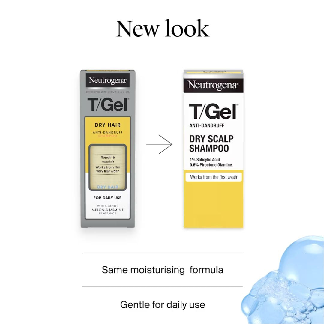 Neutrogena T/Gel anti-dandruff shampoo packaging shown in a 'New look' comparison layout, with the dry hair version on the left and the dry scalp shampoo version on the right, plus marketing text and a blue water droplet graphic on a white background.