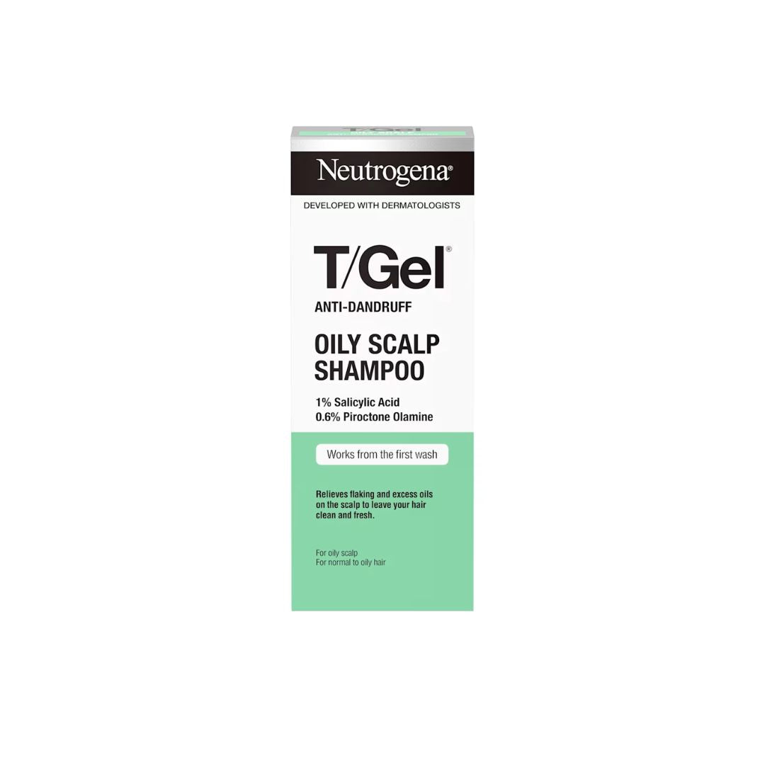 A box of Neutrogena T/Gel Oily Scalp Shampoo, featuring a white and mint green design with black text, centered on a plain white background.