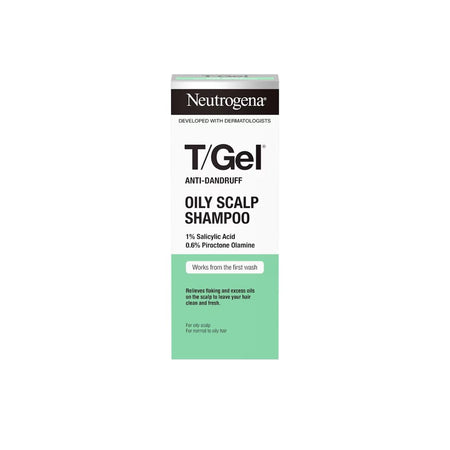 A box of Neutrogena T/Gel Oily Scalp Shampoo, featuring a white and mint green design with black text, centered on a plain white background.