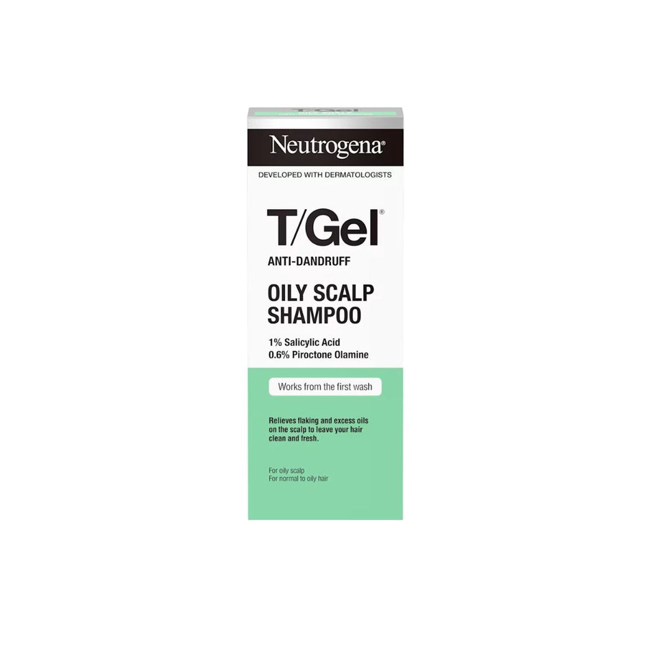 A box of Neutrogena T/Gel Oily Scalp Shampoo, featuring a white and mint green design with black text, centered on a plain white background.