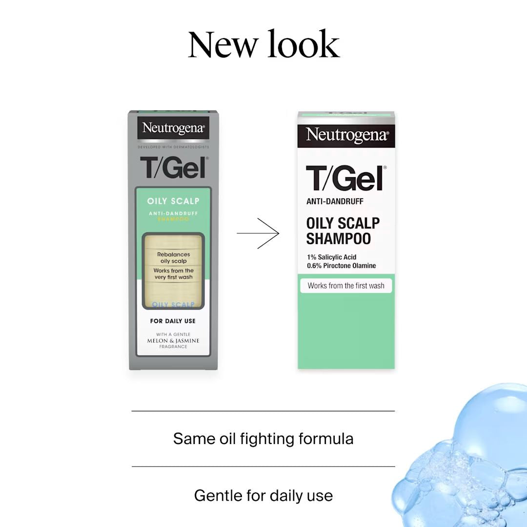 Neutrogena T/Gel shampoo packaging with a new look comparison on a white background.