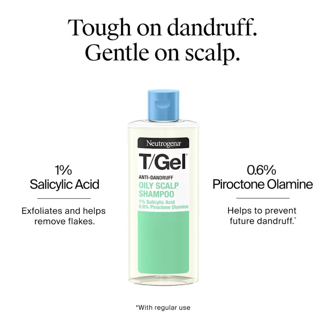 Neutrogena T/Gel Dily Scalp Shampoo bottle centered on a white background with marketing text above and below. The bottle is clear with pale yellow liquid, a blue cap, and a mint-green lower label section.