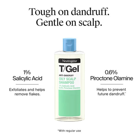 Neutrogena T/Gel Dily Scalp Shampoo bottle centered on a white background with marketing text above and below. The bottle is clear with pale yellow liquid, a blue cap, and a mint-green lower label section.