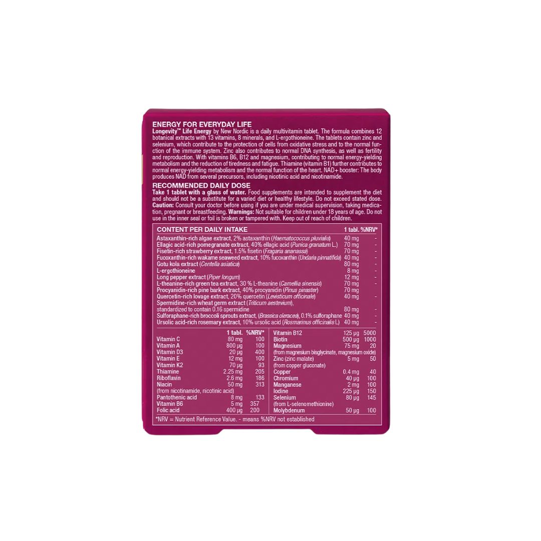 New Nordic Longevity Life Energy packaging (rear angle) on a white background