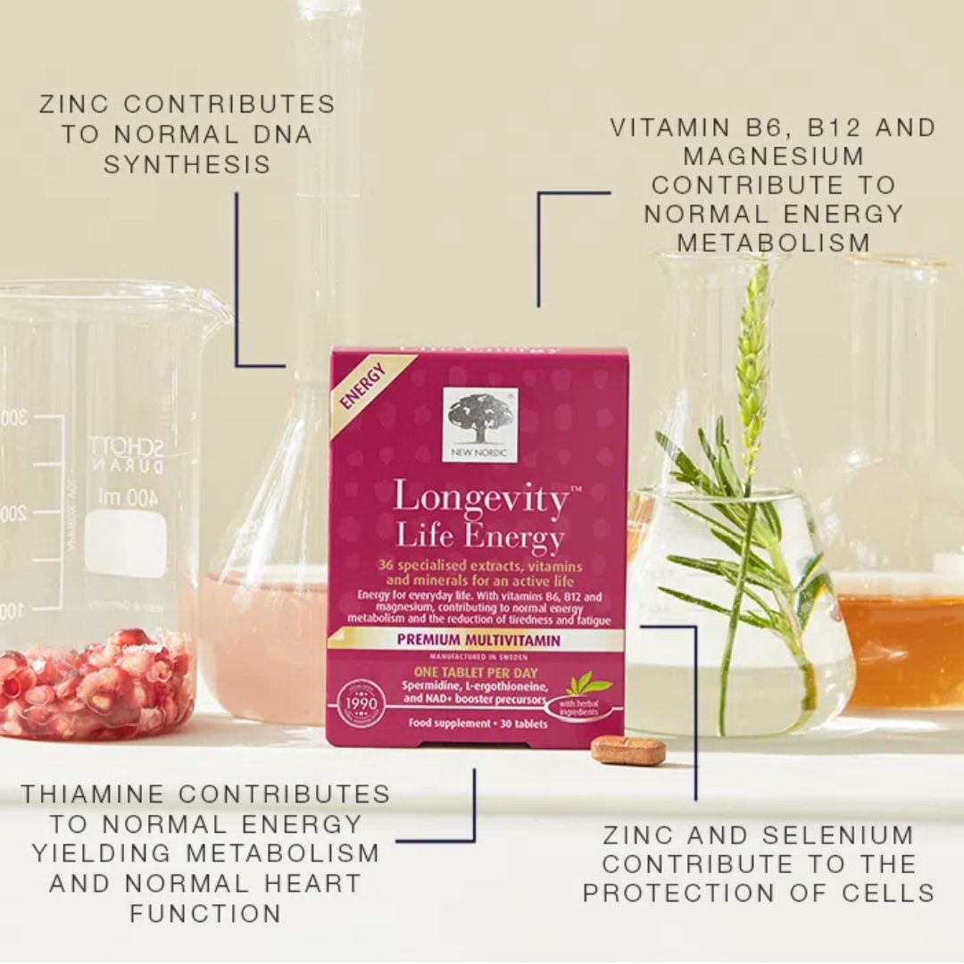 New Nordic Longevity Life Energy packaging surrounded by product info