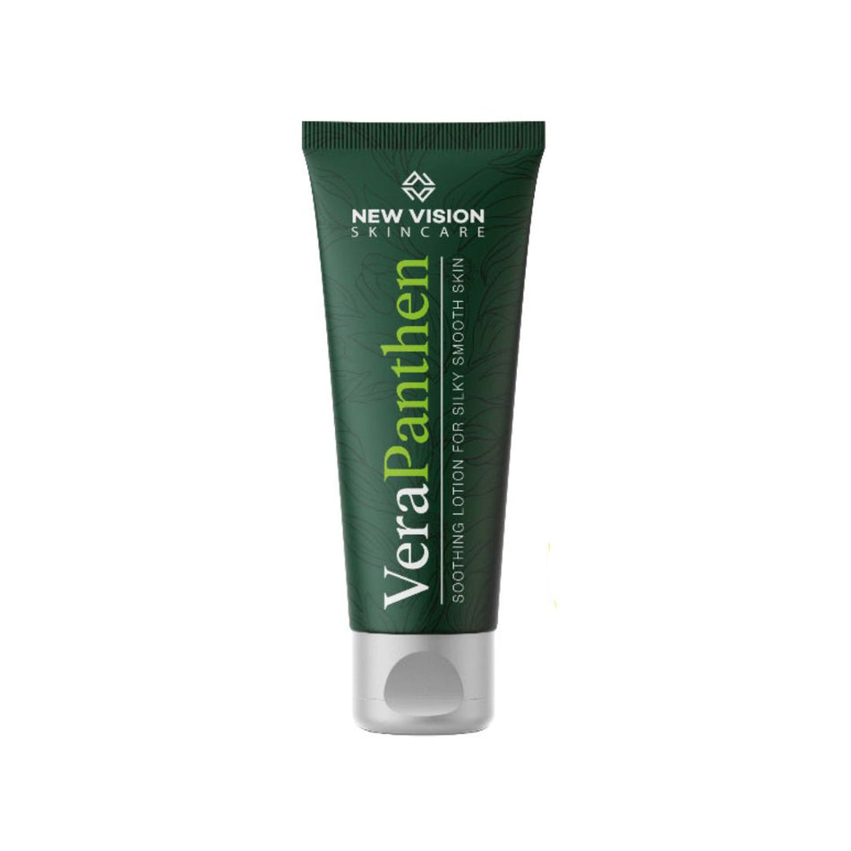 A dark green squeeze tube of New Vision Skincare VeraPanthen Soothing Lotion for Sensitive Skin, featuring a white cap, set against a plain white background.