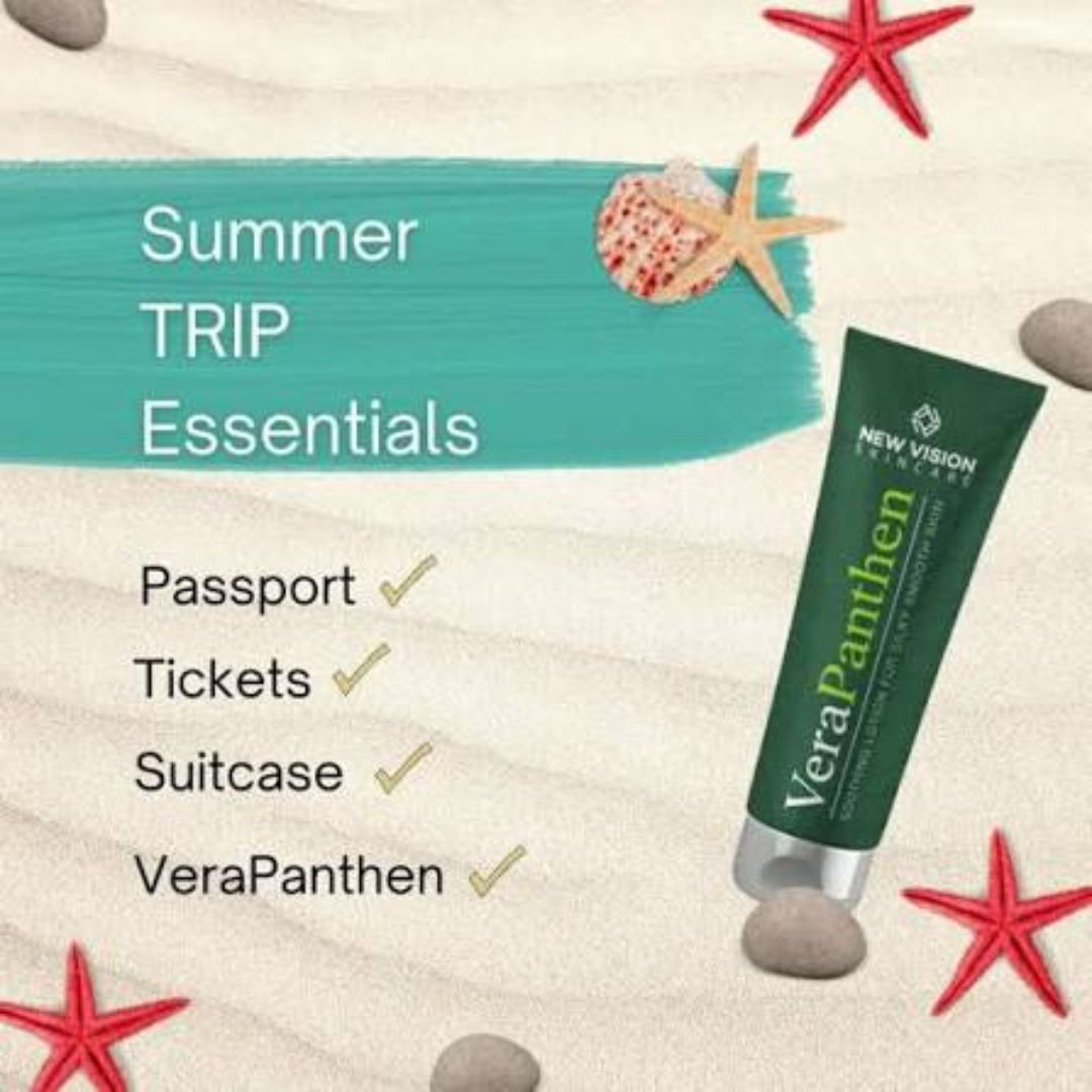A promotional graphic for 'Summer TRIP Essentials' featuring a tube of New Vision Traveller VeraPanthen sunscreen on a sandy beach-themed background with starfish and a seashell.