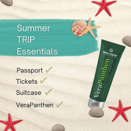 A promotional graphic for 'Summer TRIP Essentials' featuring a tube of New Vision Traveller VeraPanthen sunscreen on a sandy beach-themed background with starfish and a seashell.