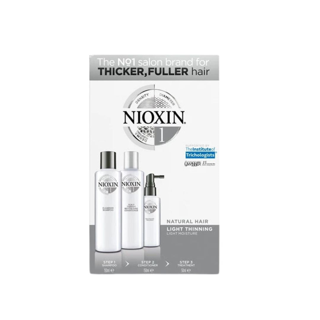 Nioxin 1 Natural Hair Light Thinning treatment kit in its retail packaging, featuring three white bottles and a pump bottle on a clean white background.