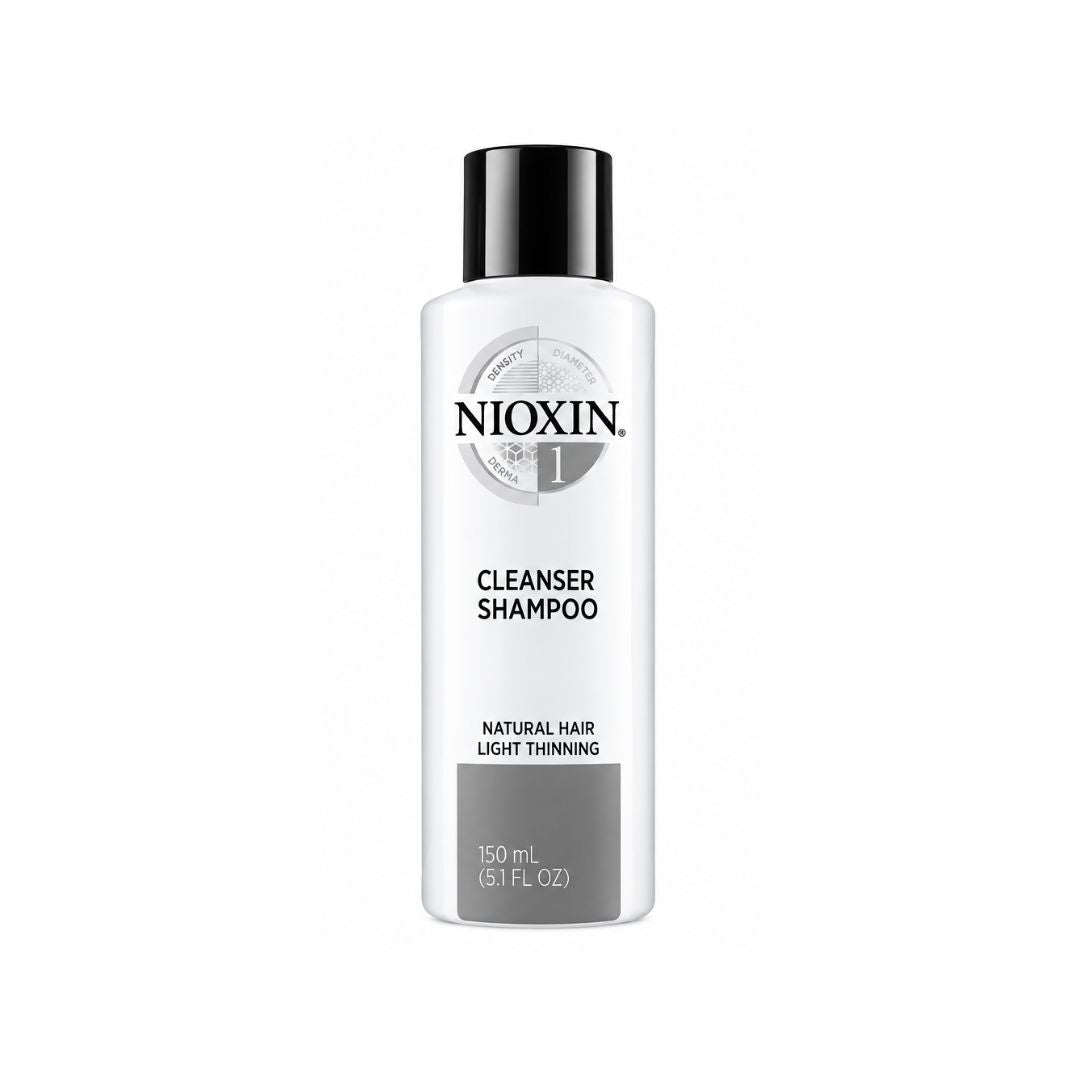 Nioxin 1 Cleanser Shampoo bottle for natural hair light thinning, 150 mL, featuring a white bottle with a black cap and gray label accents, on a white background.