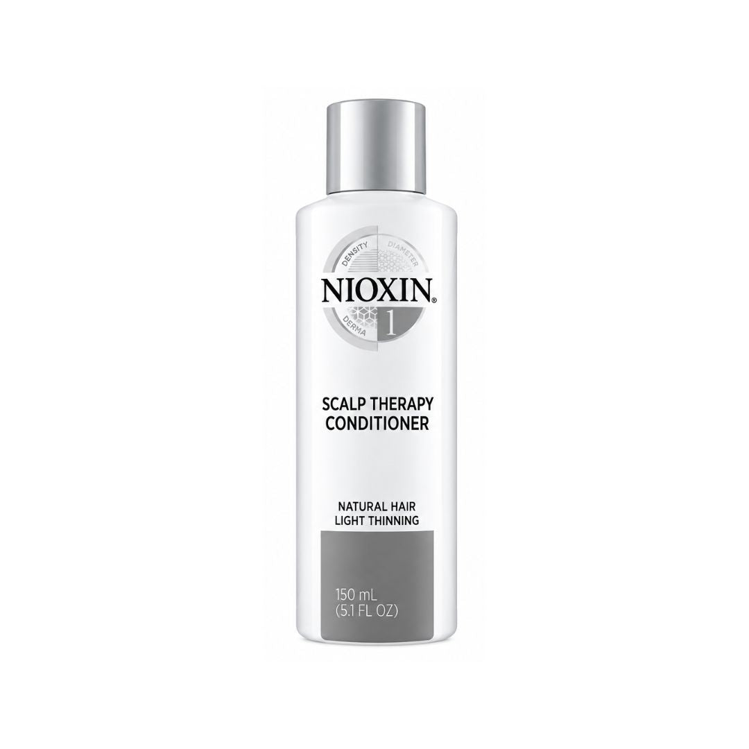 Nioxin Scalp Therapy Conditioner bottle on a plain white background. The bottle is white with a metallic silver cap and features black text indicating it is for 'Natural Hair, Light Thinning' in a 150 mL size.