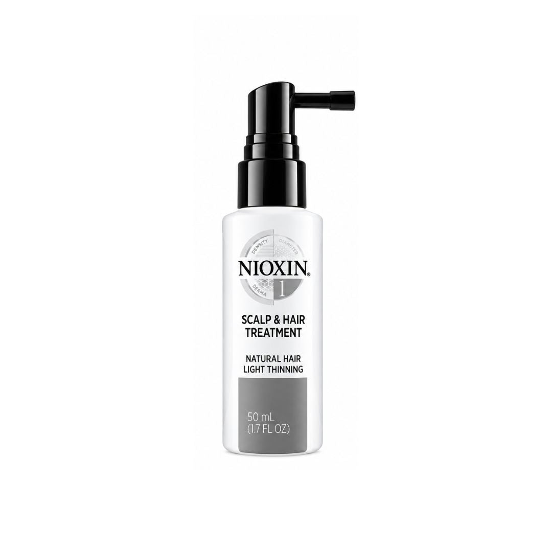 Nioxin Scalp & Hair Treatment in a 50 mL white bottle with a black pump dispenser, shown against a plain white background.