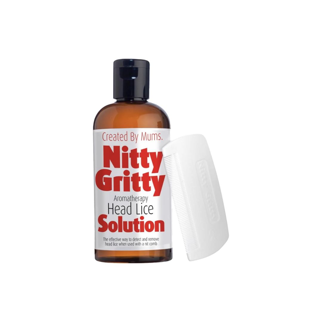Nitty Gritty Natural Aromatherapy Head Lice Solution 150ml bottle and comb on a  white background