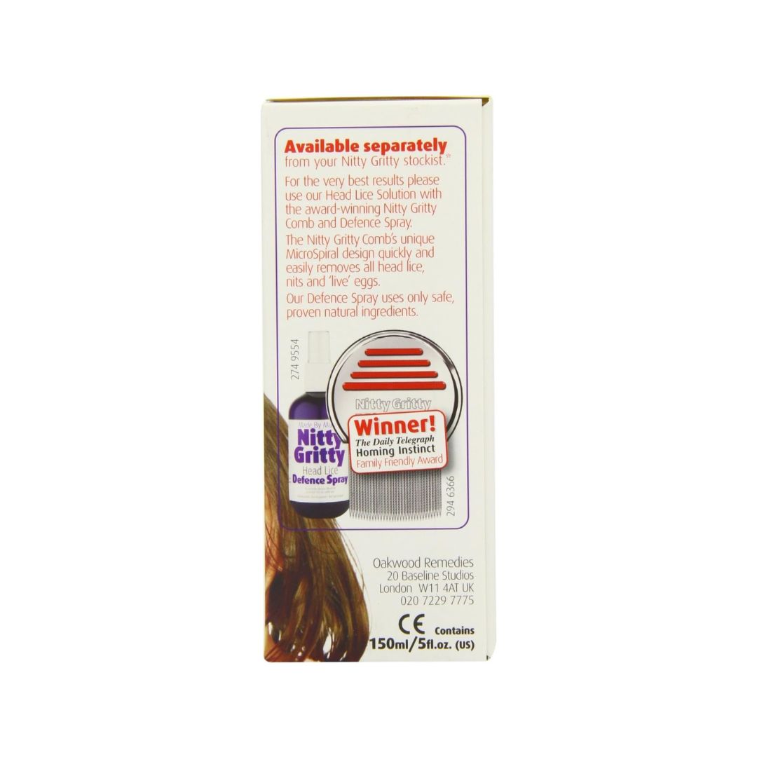 Nitty Gritty Natural Aromatherapy Head Lice Solution packaging (side angle) on a white background