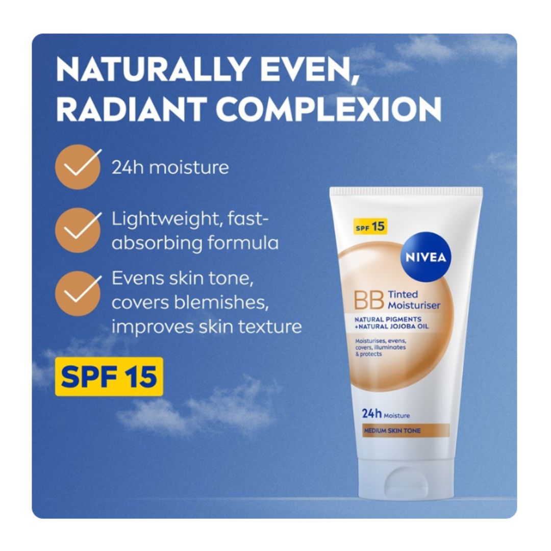 NIVEA BB Medium Tinted Moisturiser product information on a blue sky background