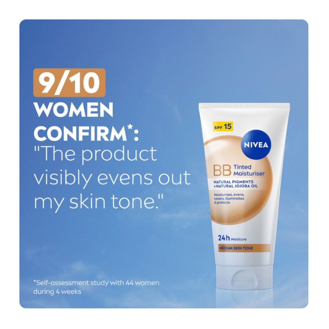 NIVEA BB Medium Tinted Moisturiser review statistics on a blue background