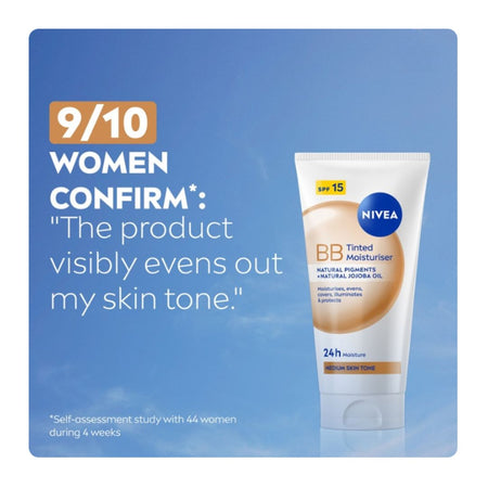 NIVEA BB Medium Tinted Moisturiser review statistics on a blue background