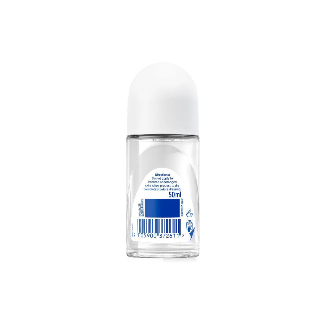 Nivea Black & White Roll-On Anti-Perspirant container (rear view) on a white background