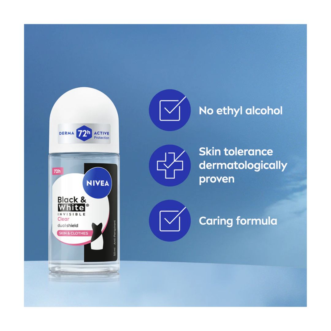 Nivea Black & White Roll-On Anti-Perspirant product information graphic on a blue background