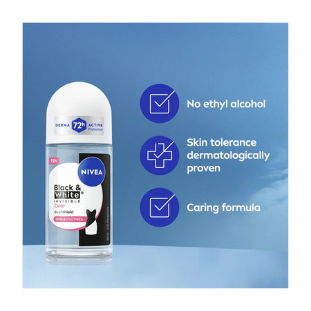Nivea Black & White Roll-On Anti-Perspirant product information graphic on a blue background