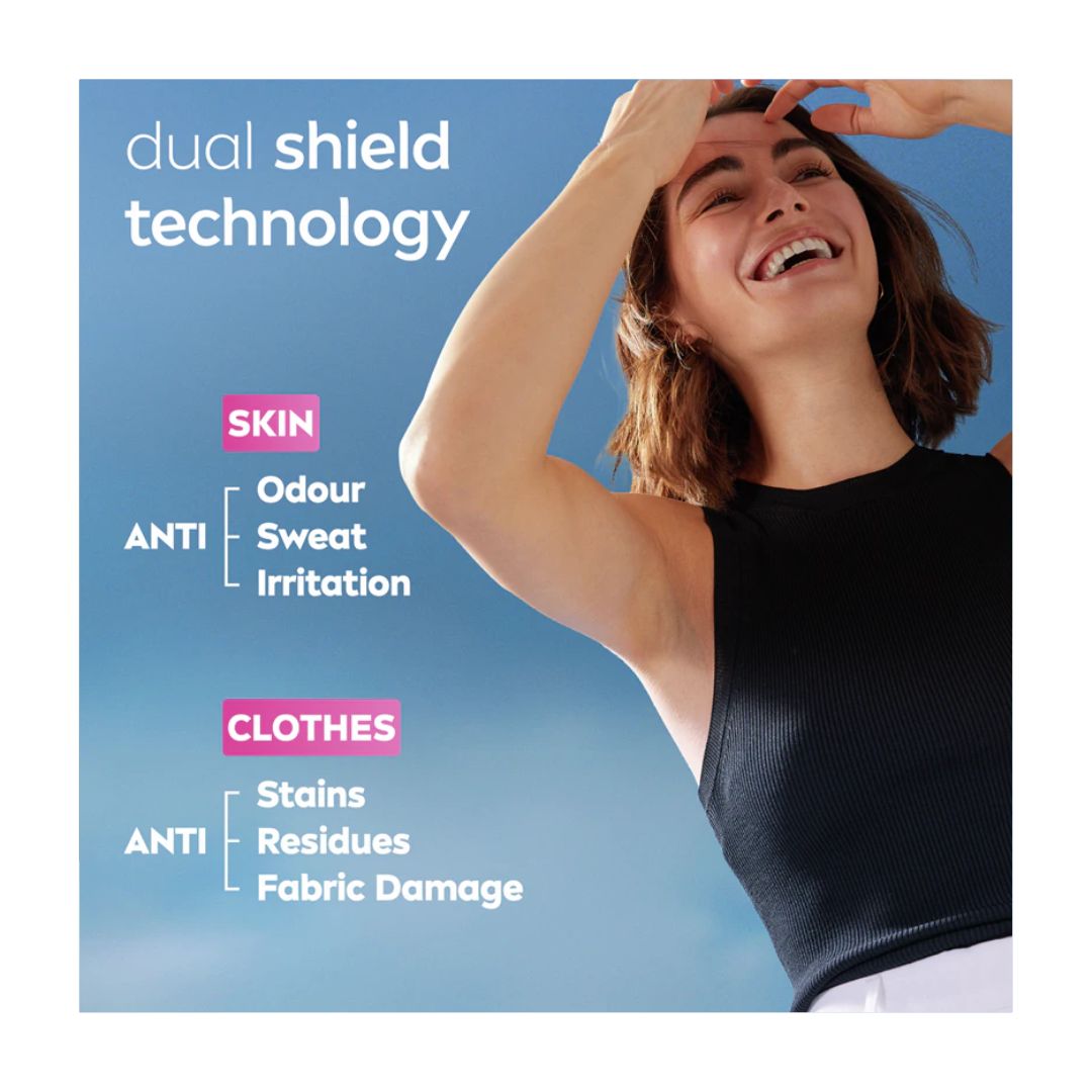 Nivea Black & White Roll-On Anti-Perspirant 'Dual shield technology' graphic on a blue background