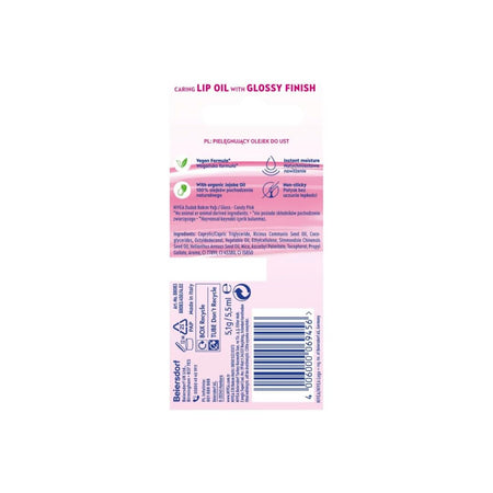 NIVEA Caring Lip Oil – Candy Pink 5.5ml packaging (rear angle) on a white background