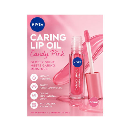 NIVEA Caring Lip Oil – Candy Pink 5.5ml promotional graphic on a pink background