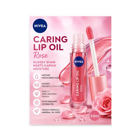 NIVEA Caring Lip Oil – Rose 5.5ml benefits graphic on a pink background