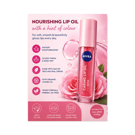 NIVEA Caring Lip Oil – Rose 5.5ml promotional graphic on a pink background