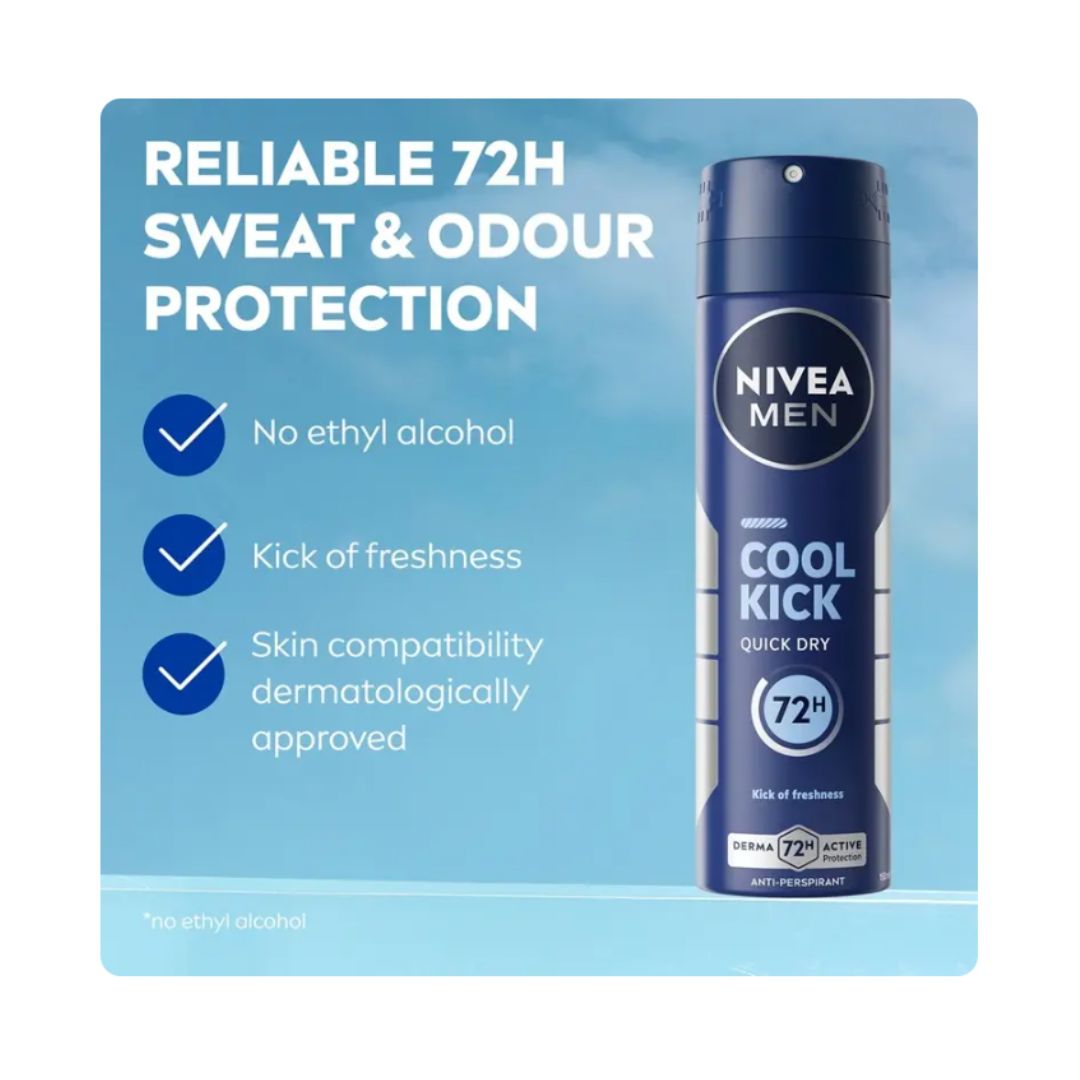 NIVEA Men Cool Kick Anti-Perspirant Spray 150ml product benefit graphic