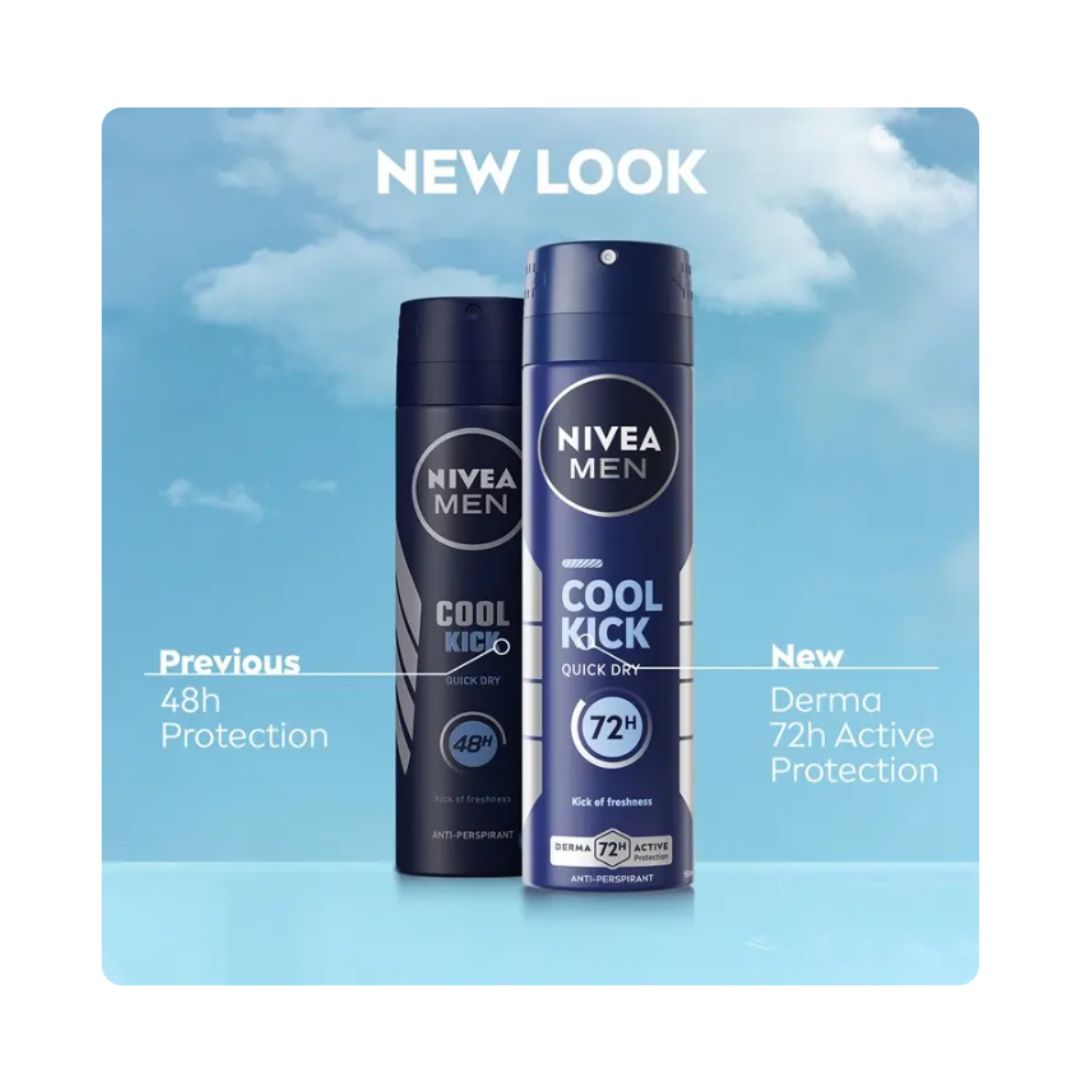 NIVEA Men Cool Kick Anti-Perspirant Spray 150ml 'NEW LOOK' graphic on a blue background