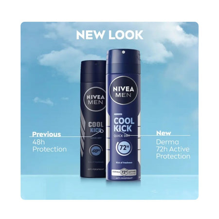 NIVEA Men Cool Kick Anti-Perspirant Spray 150ml 'NEW LOOK' graphic on a blue background
