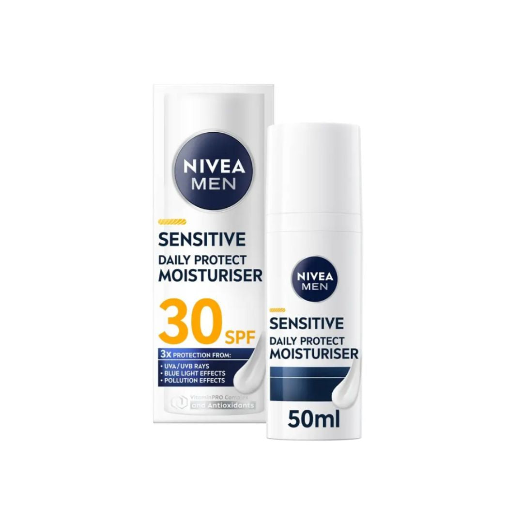 Nivea Men Sensitive Daily Protect Moisturiser SPF30 packaging and container on a white background