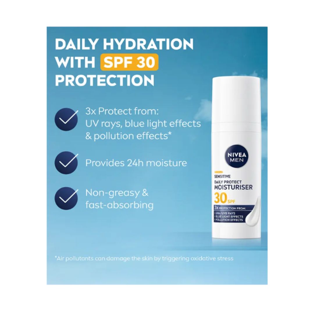 Nivea Men Sensitive Daily Protect Moisturiser SPF30 product benefits on a blue background