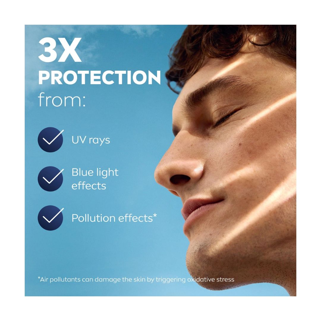 Nivea Men Sensitive Daily Protect Moisturiser SPF30 information on a blue sky background 