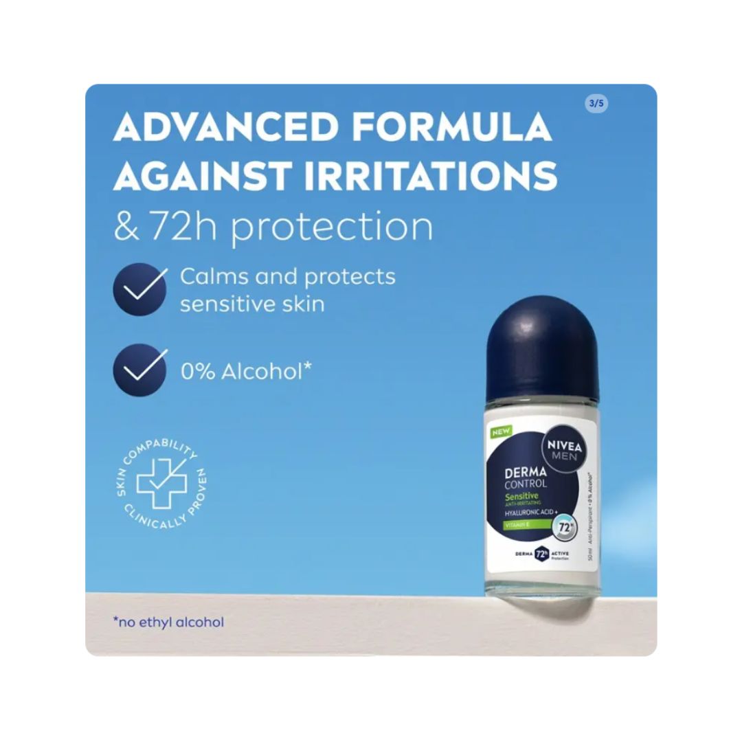 NIVEA Men Derma Control Defend Anti-Perspirant Roll-On product formula information on a blue background