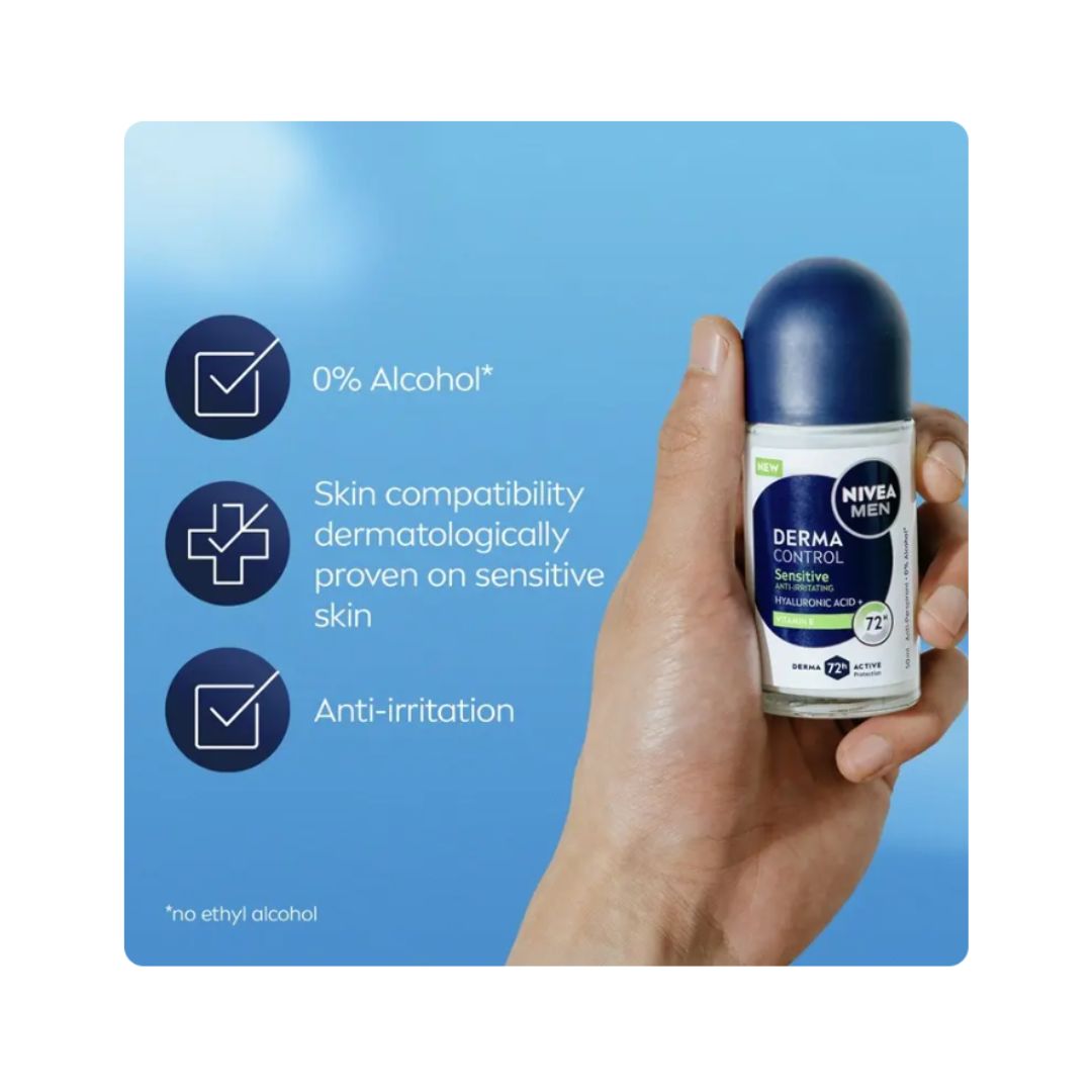 NIVEA Men Derma Control Defend Anti-Perspirant Roll-On product benefits graphic on a blue background