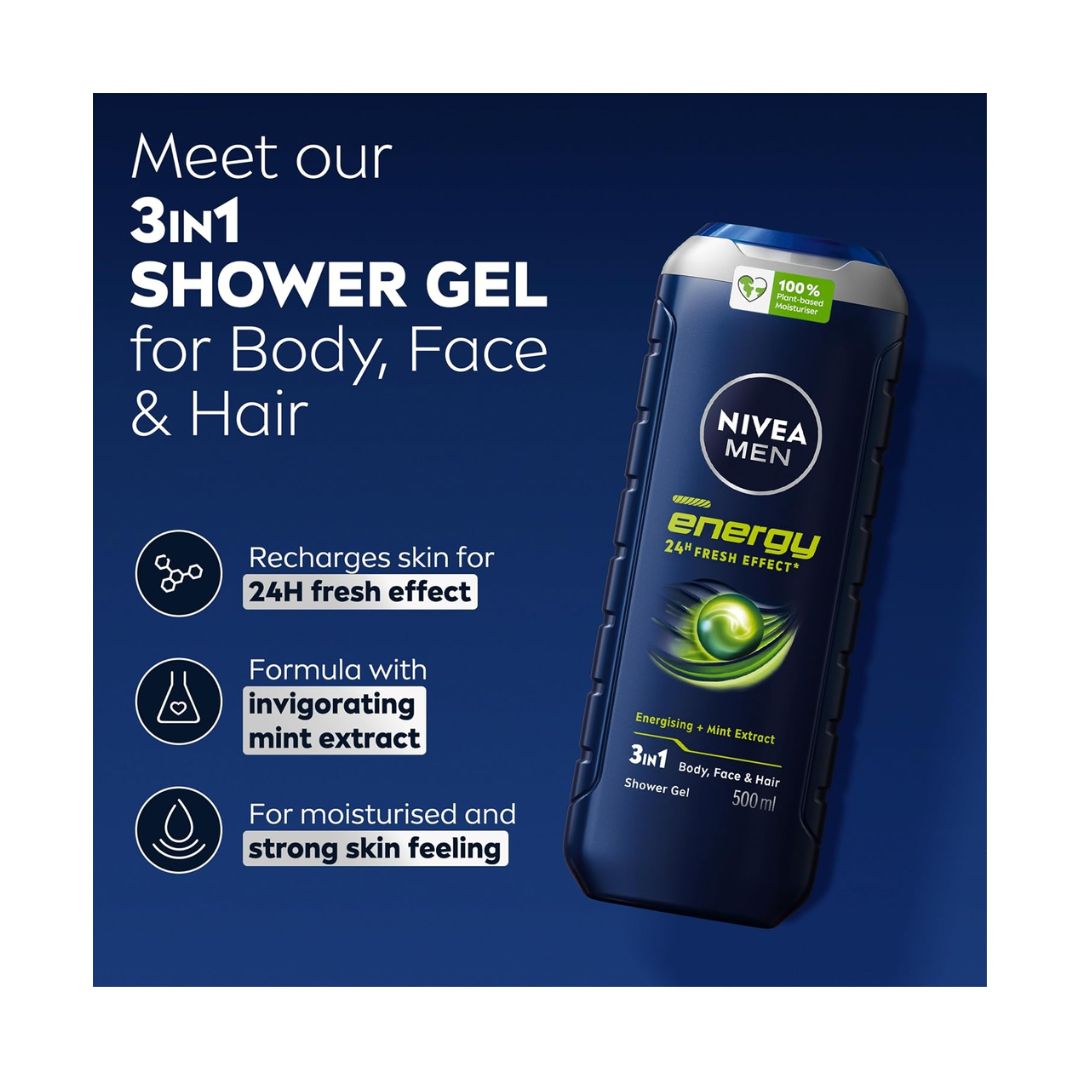 NIVEA Men Energy 3-in-1 Shower Gel 500ml product benefits graphic on a navy background