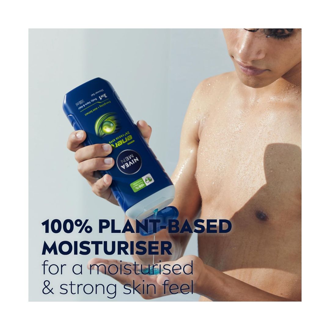 NIVEA Men Energy 3-in-1 Shower Gel 500ml being poured into a mans hand while he showers