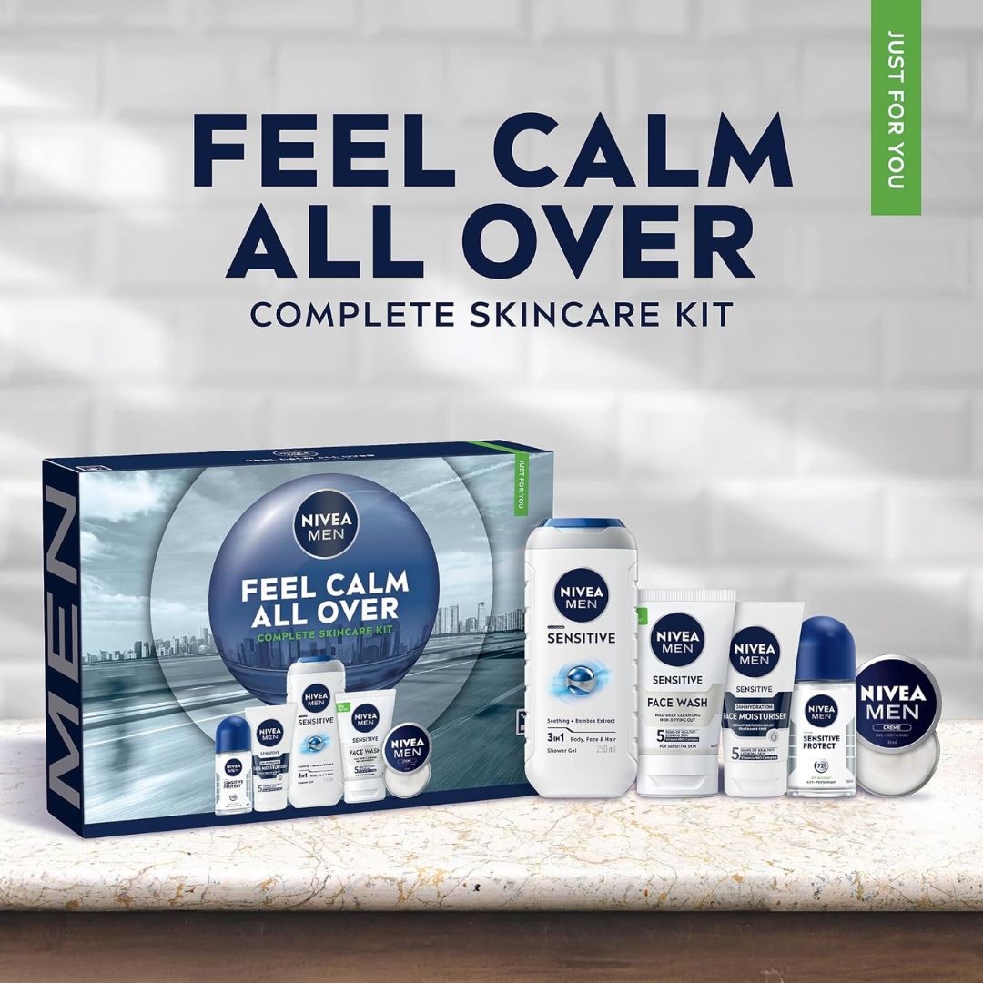 Nivea Men Feel Calm All Over Giftset on a marble countertop with a tiled background