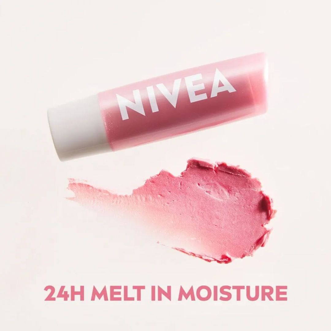 Nivea Pearly Shine Lip Balm smeared on a white background