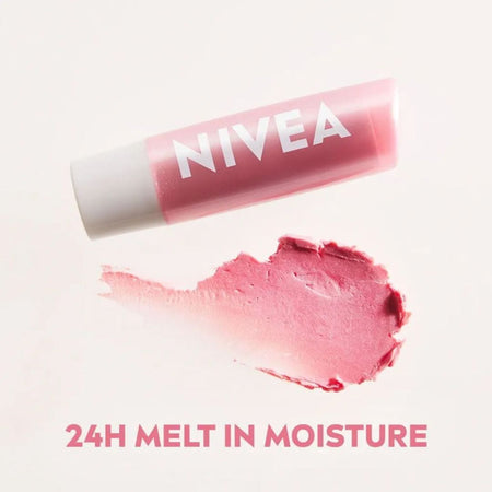 Nivea Pearly Shine Lip Balm smeared on a white background