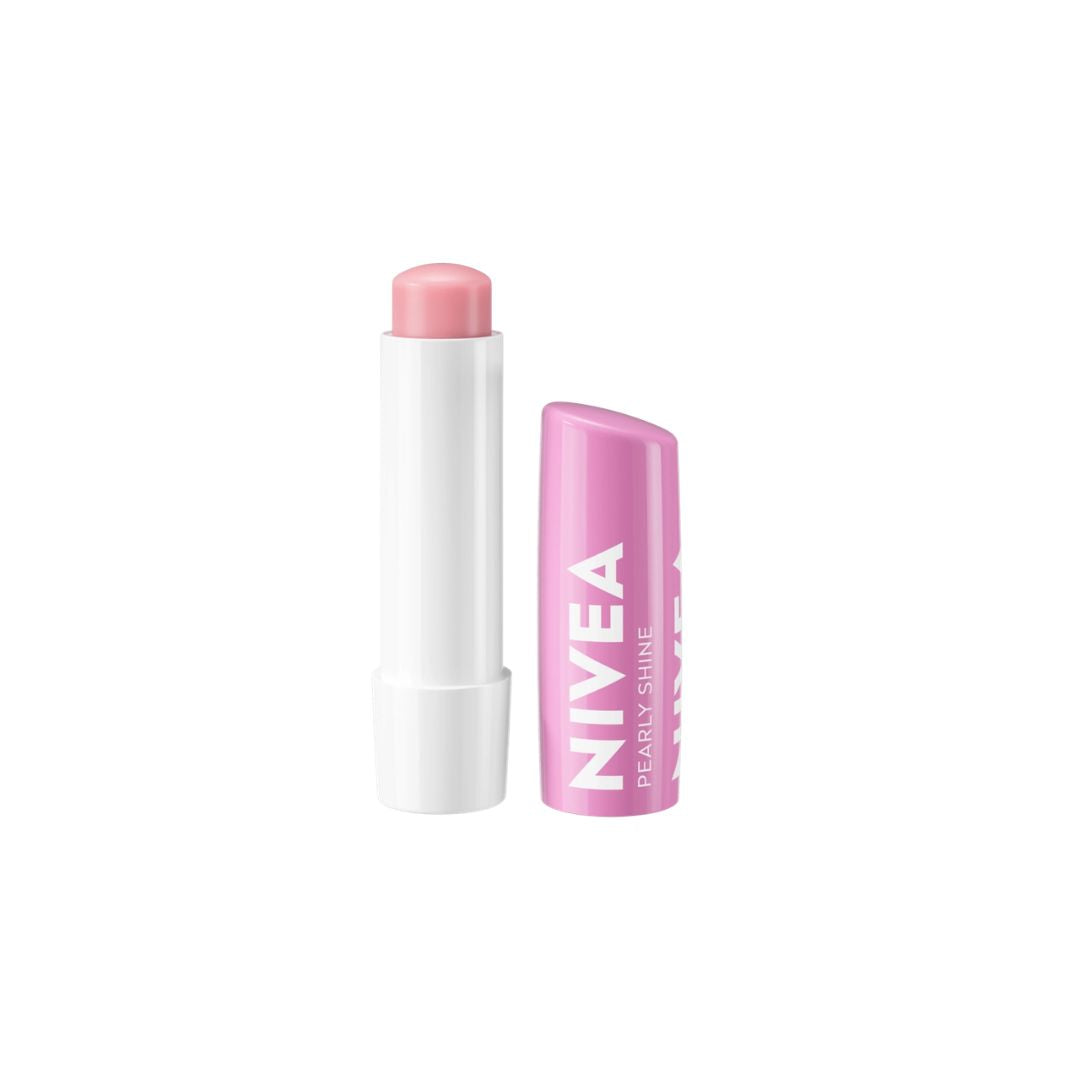 Nivea Pearly Shine Lip Balm with lid off on a white background